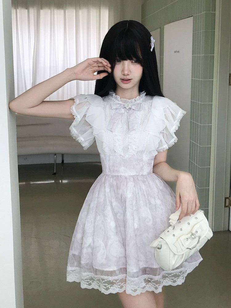 Purple-White Ruffled Flutter Sleeve Dress with Removable Rhinestone Bow - LA LA JK