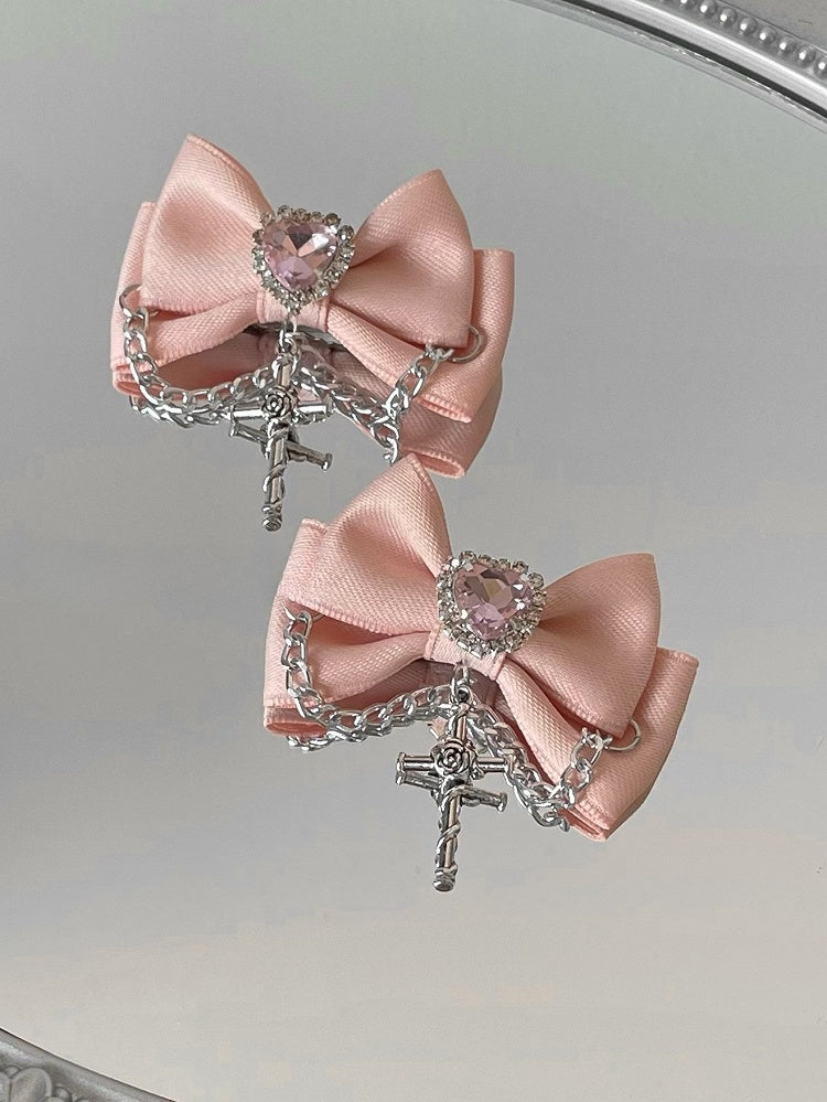 Bowknot Schwarz/Champagner/Rosa Verziert Strass Haarspangen Herz Charm Kreuz