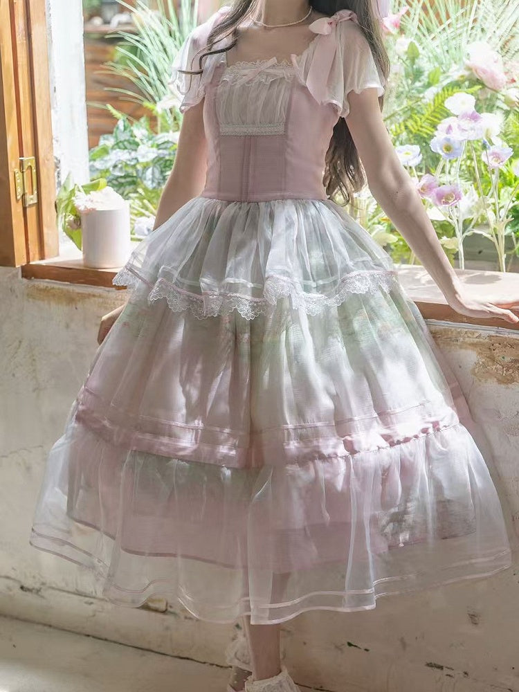 Oil Sleeves One Painting Water Lily Print Light Piece Pink Square Neckline and Flutter