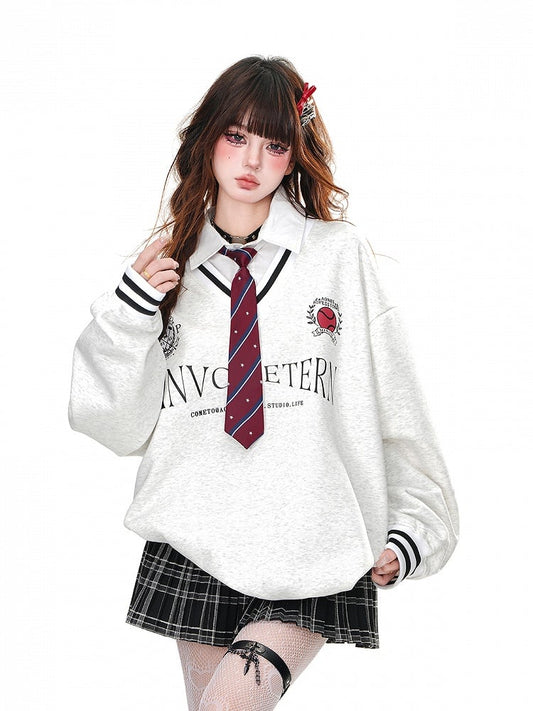 Graues, adrettes, lockeres Sweatshirt mit Polokragen und Krawattenimitat-Zweiteiler