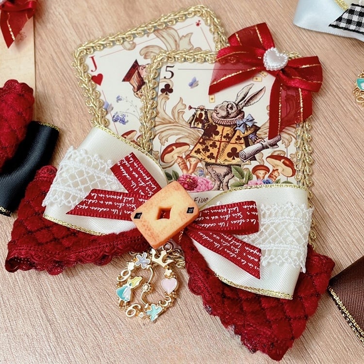 Alice in Decorated Bowknot Christmas Poker Brooch Wonderland RedBeige Vibes