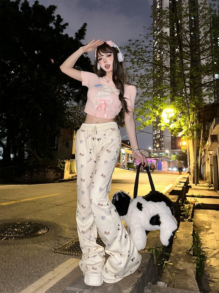 Beige Regular/Thicken Slim-Fit Flared Pants with Realistic Cat Prints and Elastic Waistband