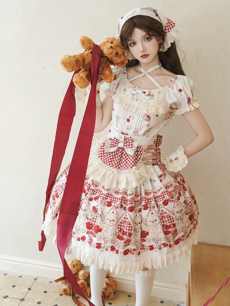 Teddy Lolita White Print Cherry Dress Sweet and Gingham Red