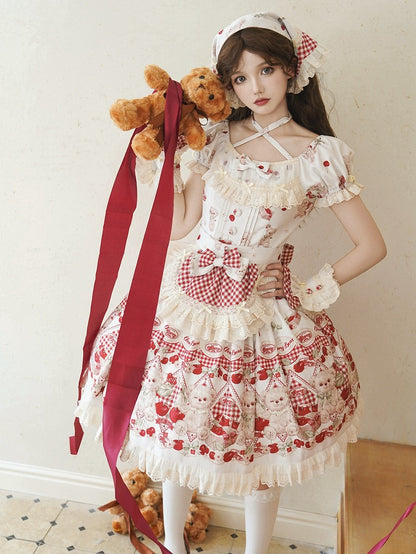 Teddy Lolita White Print Cherry Dress Sweet and Gingham Red