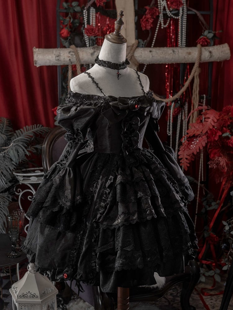 Kuro Drawstring Dress Bell Sleeves Skirt Gothic Black Bowknot Lolita Details and Layered