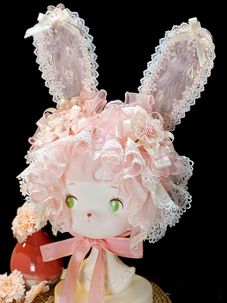 Pink Lace Bunny Ears Lolita Ruffled Hairband - Dream Magic Box