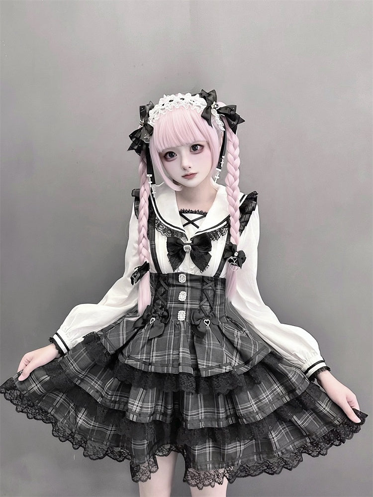 Plaid Flutter Landmine Tiered Skirt with Style Sleeves Suspender Gray Vintage