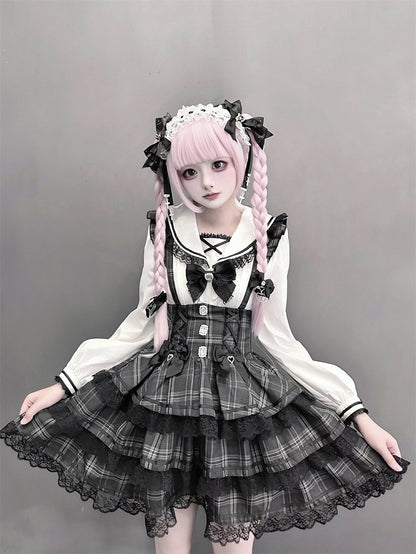 Plaid Flutter Landmine Tiered Skirt with Style Sleeves Suspender Gray Vintage