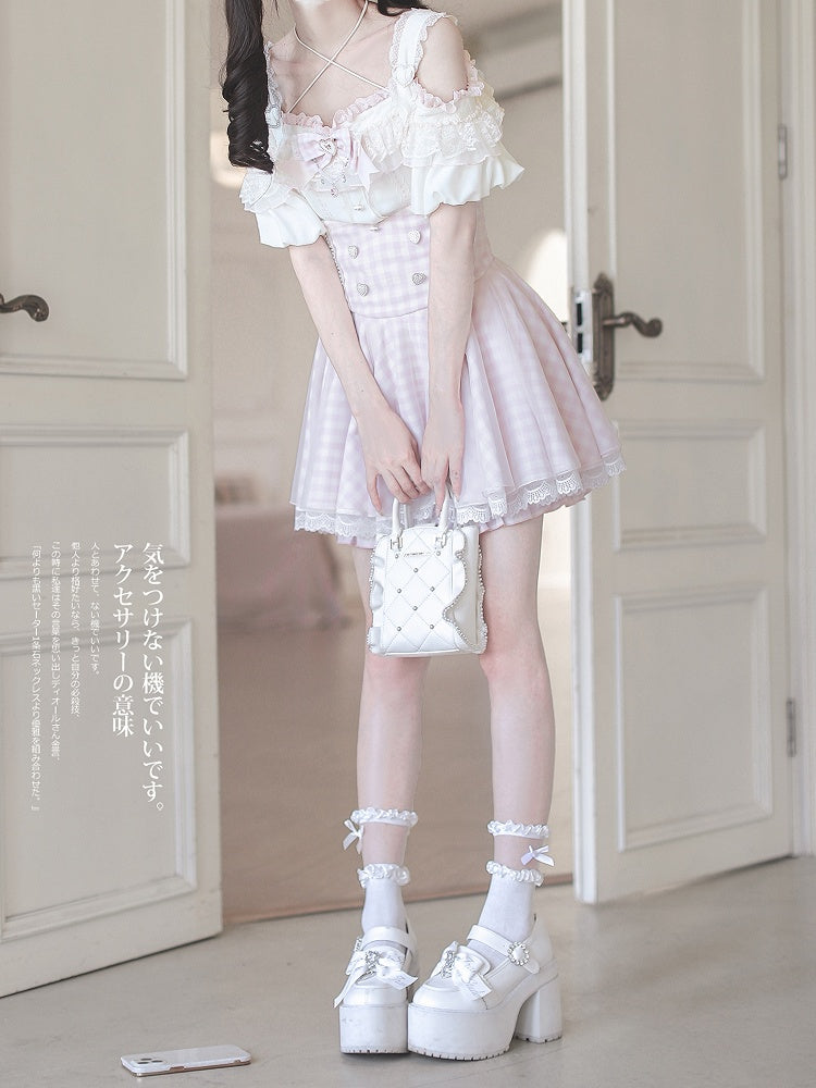 Top with Off-the-shoulder Jirai Kei Apricot Neckline and Pink Lace Trim