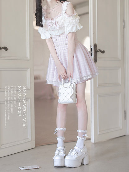 Top with Off-the-shoulder Jirai Kei Apricot Neckline and Pink Lace Trim