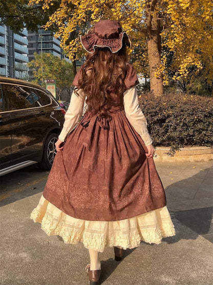 Bodice Lolita Long and Classic Floral Brown One Piece Embroidery Version Bowknot