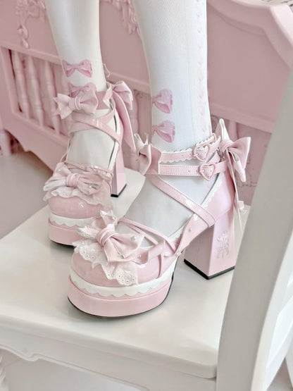 Janes High Pink Striped Block Bow Sweet PU Platform Lolita Heel Mary 10.5cm -
