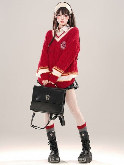 レッドプレッピースタイルVネックルーズセーター