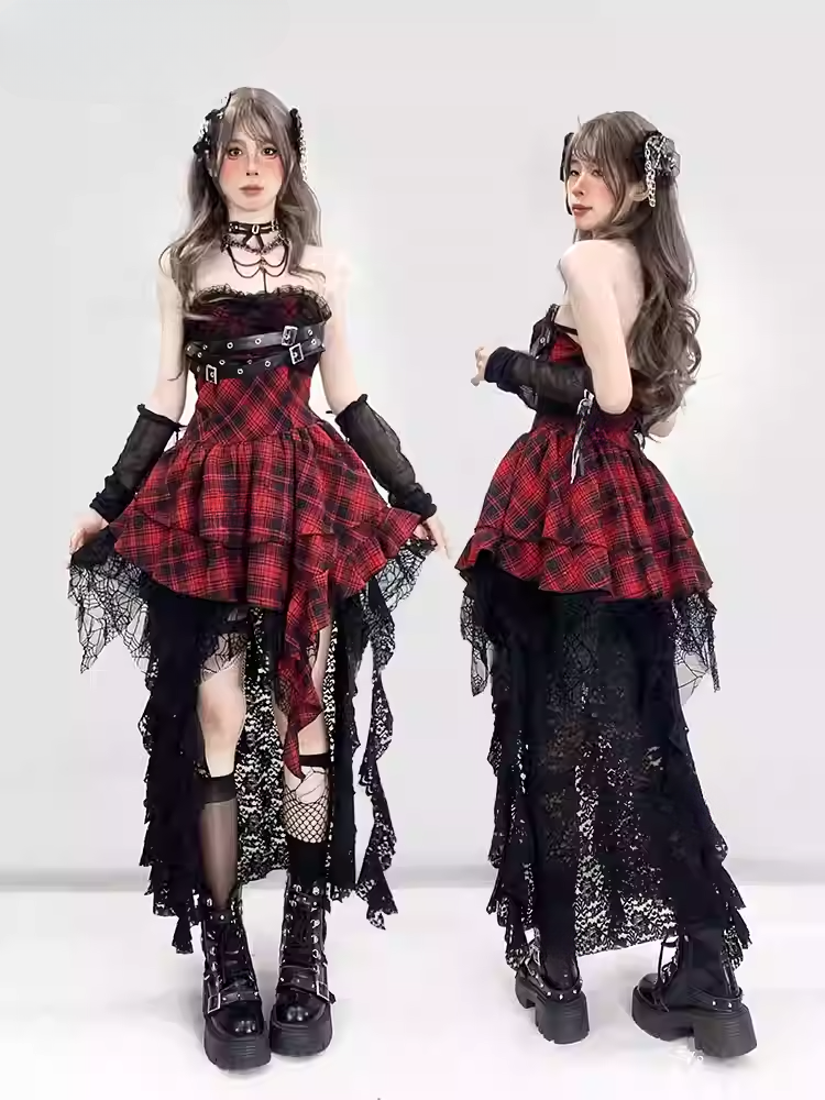 Red Plaid Handkerchief Hem Buckle Straps Strapless Glamorous Punk Dress