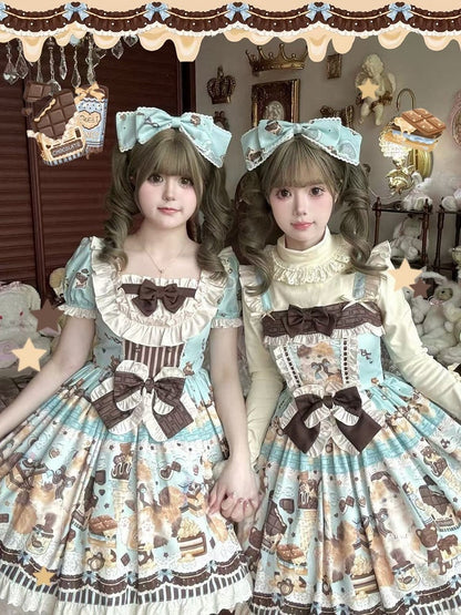 Mint Green Sweet Lolita JSK Dress with Kitty & Chocolate Print - Poetry of Dolls