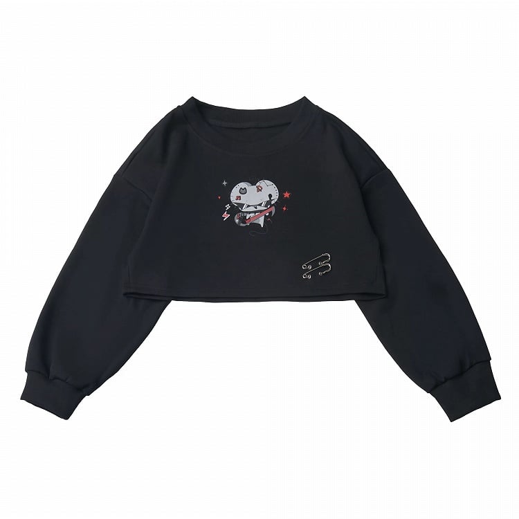 Crew Neck Cropped Sweatshirt in Black with Cartoon Mouse Print and Safety Pin Detail - PINK SAVIOR