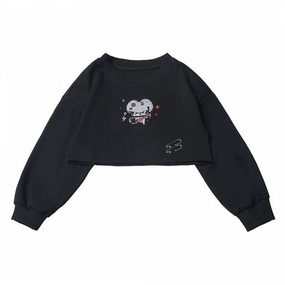 Crew Neck Cropped Sweatshirt in Black with Cartoon Mouse Print and Safety Pin Detail - PINK SAVIOR