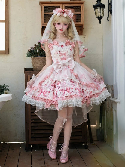 Sweet Strawberry Printed Pink Lolita JSK Dress Adorned with Bow Accents - PG Lullaby