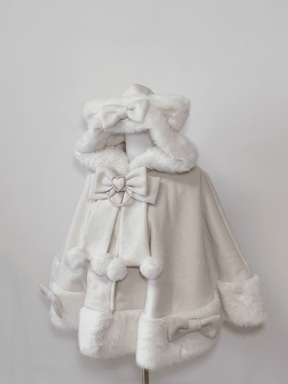Plush Cozy Cape Coat Kitty-Ears Kei - Beige Jirai for Design Season Wool