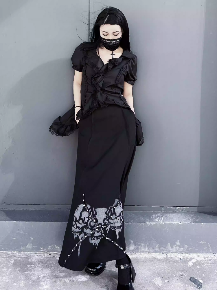 Waist Gothic Black High Skirt Skeleton Print Back Slit Studded