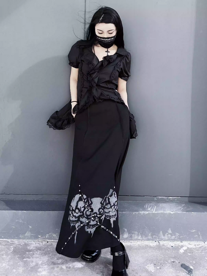 Waist Gothic Black High Skirt Skeleton Print Back Slit Studded
