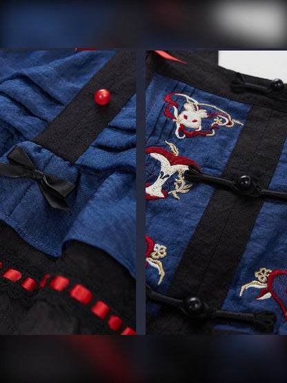 Lolita Hanfu Set Beige Blouse Blue Skirt Apron Rabbit Embroidery - Zao Jing Ji