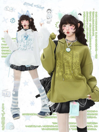 Cartoon Green/White/Blue Star Pocket Girl Daily Pattern and - Kawaii Convenient Hoodie