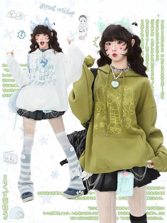 Cartoon Green/White/Blue Star Pocket Girl Daily Pattern and - Kawaii Convenient Hoodie