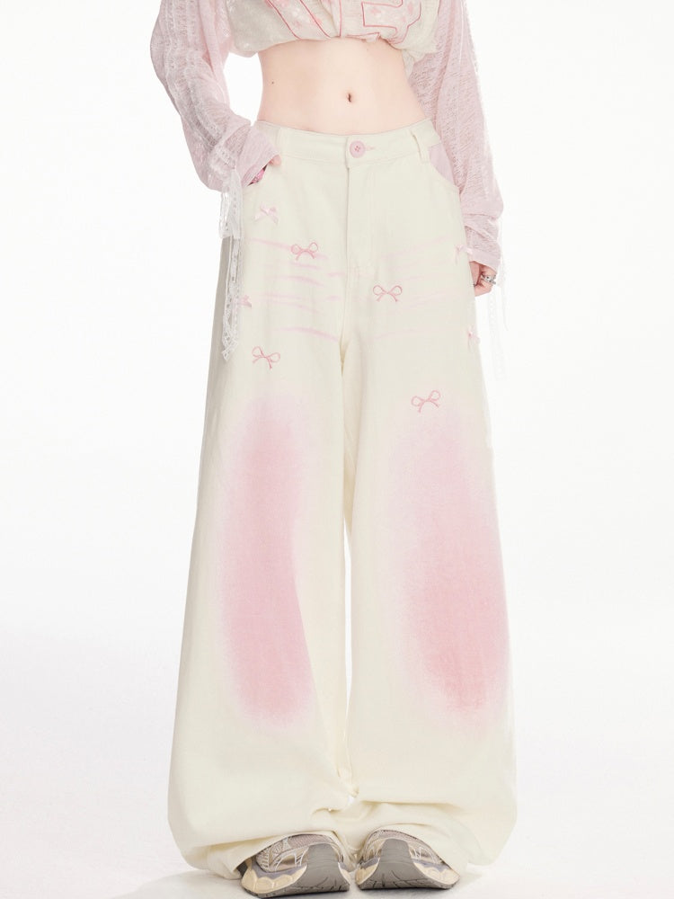 Bowknots Print Wide-Leg Pants Waist and Pink Ombre Low Apricot