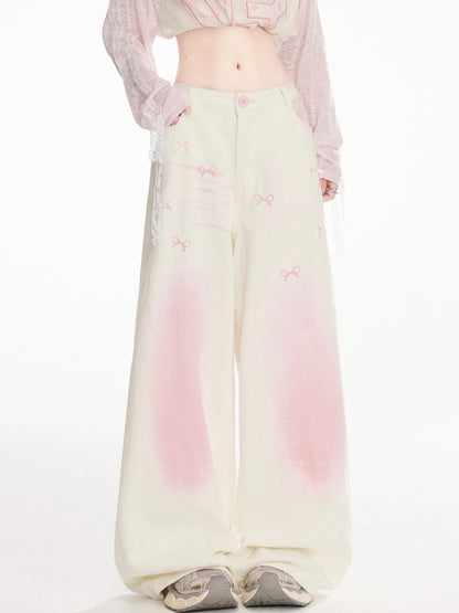 Bowknots Print Wide-Leg Pants Waist and Pink Ombre Low Apricot