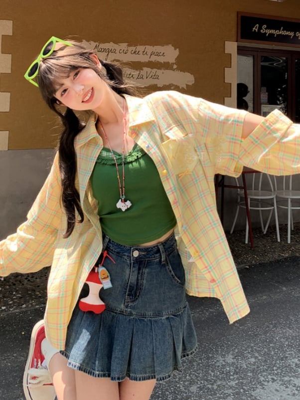 チェックシャツセット グリーンフェイクツーピースキャミソールトップ（イエロー）
