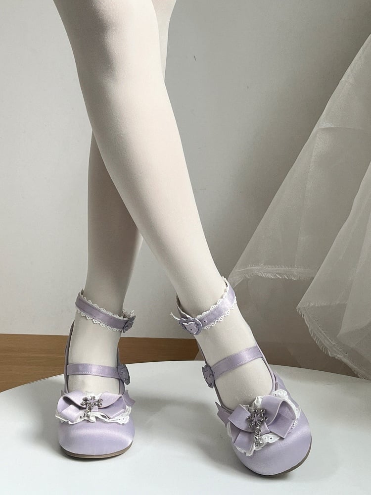 Purple Snow Theme Embossed Slope Heel Shoes with Bow Details - Vintage Sweetheart