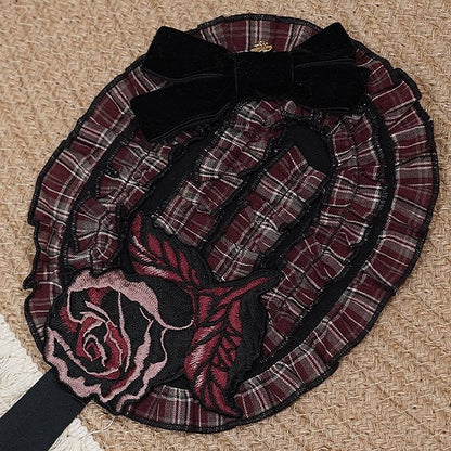 Ruffled with Green/Red Accent Hairband and Embroidery Lolita Black Plaid Bow Rose