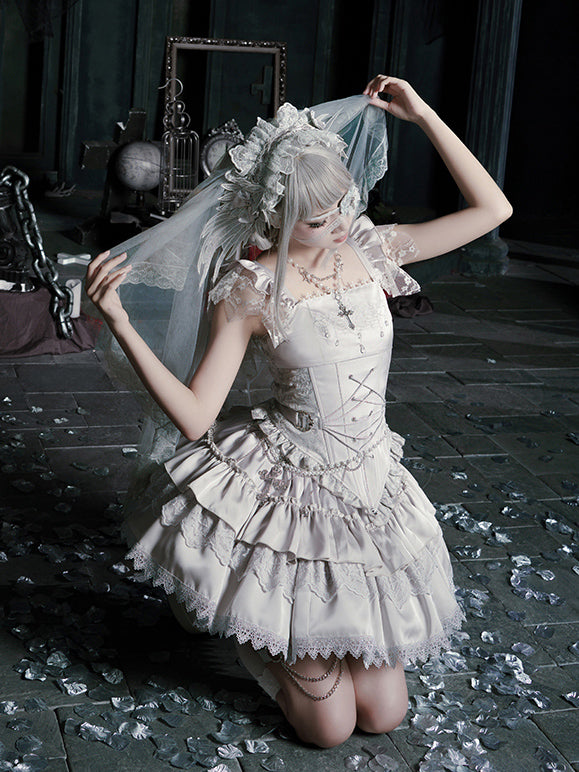 Skirt Set Short Veil Waist Corset - Silver Full Head Necklace Chain Lolita + Gothic Embroidered Top