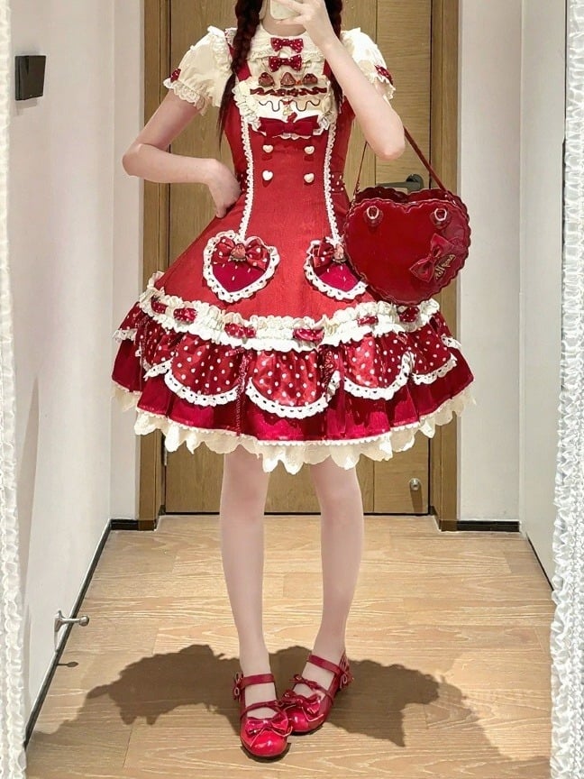 Strawberry-Print JSK Dress with Polka-Dot Bow & Peter Pan Collar Blouse Set - Day Rabbit