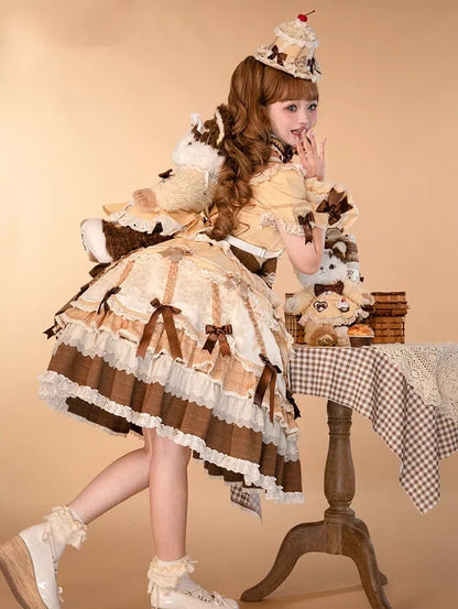 Puff Lolita Yellow and Square Neckline Bowknot Sweet Sleeves Details Dress