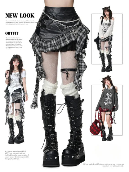 Red Skirt Y2K Hem Black Asymmetrical White/Black