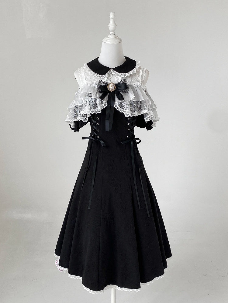 Off-Shoulder Jacquard Dress with Bow Accents, Peter Pan Collar, 4 Colorways - Kitty Bxllet