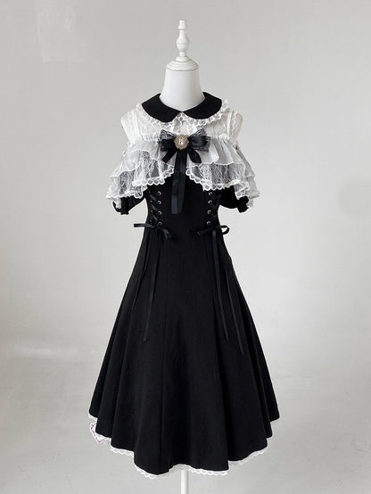 Off-Shoulder Jacquard Dress with Bow Accents, Peter Pan Collar, 4 Colorways - Kitty Bxllet