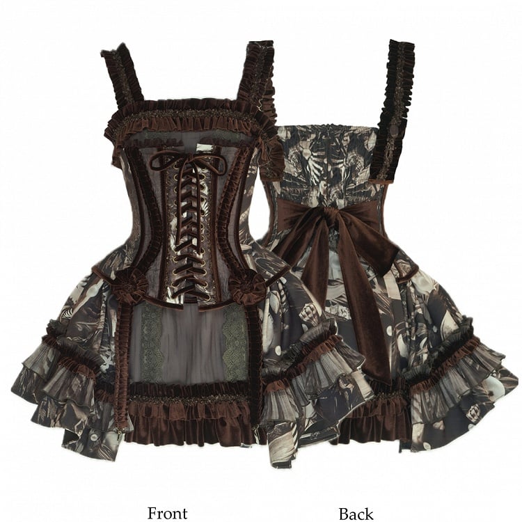 Pearl Boned Brown Gothic Shell Print with Short Ruffles Corset Lolita Dress and