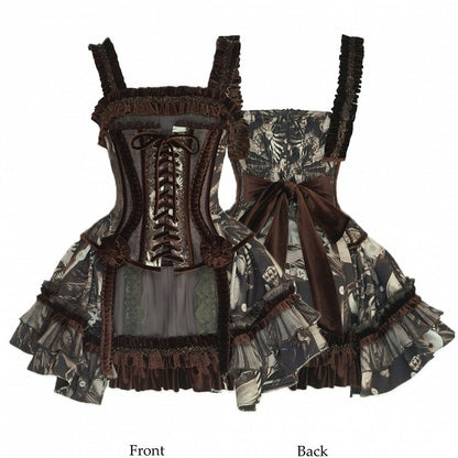 Pearl Boned Brown Gothic Shell Print with Short Ruffles Corset Lolita Dress and