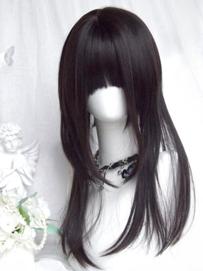 Schwarze lange glatte Perücke mit Pony + doppelte Pferdeschwanzklammern