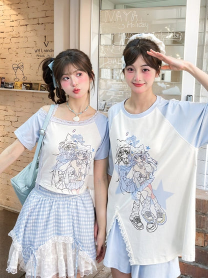 ライトブルーデザイン アニメガールプリントTシャツ カラーブロック ショート/ロングバージョン