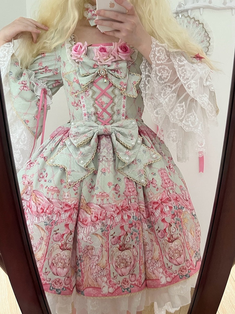 Mint Green Rosette Print Rococo Fashion Inspired Lolita Dress Square Neckline Bell Sleeves OP / Full Set