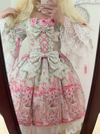 Mint Green Rosette Print Rococo Fashion Inspired Lolita Dress Square Neckline Bell Sleeves OP / Full Set