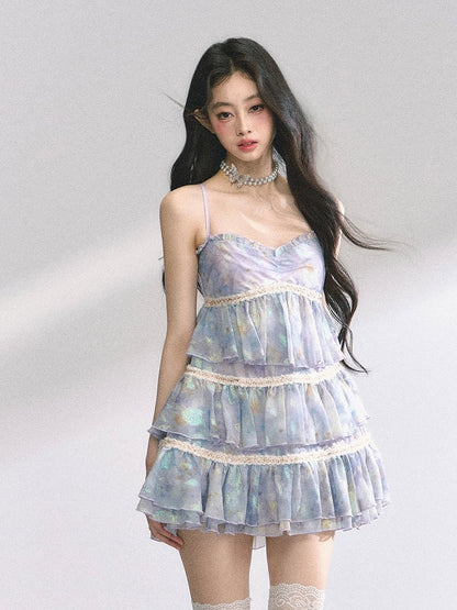 スリップドレス ティアードネックラインスカート ブルー スイートハート 油絵 花柄 ミニ