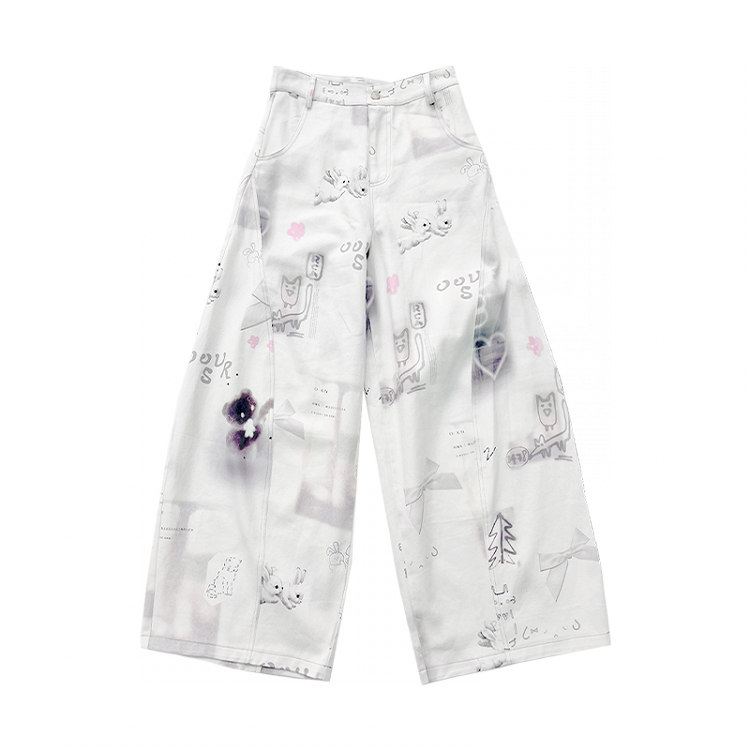 and Hand-Drawn Print Bow Doodles with Wide-leg Jeans White