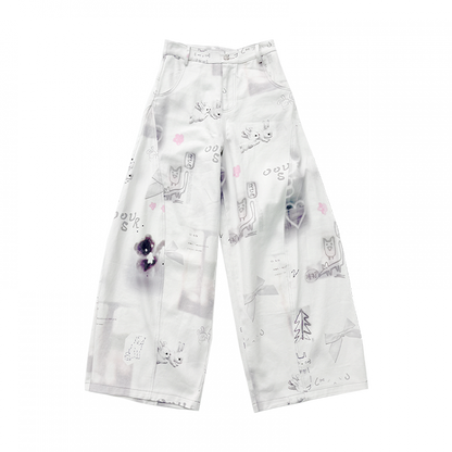 and Hand-Drawn Print Bow Doodles with Wide-leg Jeans White