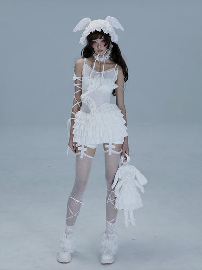 Lace-trimmed with Multi-Layer Ballet-Inspired Hem Cami White Star Top Ruffle Rhinestone