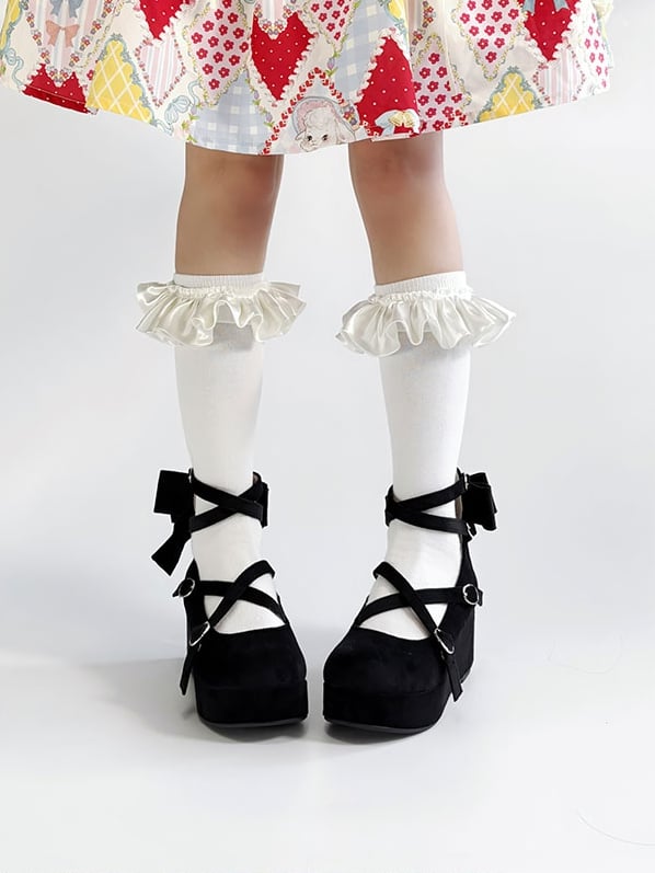 PU - Round Design Black Sweet Bow Wedge Crisscross Platforms Toe Accent